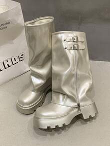 Shiny Fashion Flared Shaft Boots, Mid-Calf Slouchy Boots, Autumn/Winter New Versatile Skinny Tube Boots, Street Style Platform Round Toe Women Boots