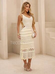 Women's Midi Dress, Lace Tricot, Party, Beach, Sophisticated, New Year's Eve, Christmas, Holidays, Beach, Wedding, Godmother - 奶油黃 - 查看 8