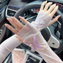 1pc Women's Ice Silk Sunscreen Sleeve With Bow, Long Ice Sleeves, Pearl Style Arm Sleeves For Summer Outdoor