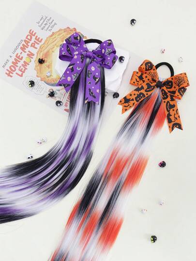 Halloween - Themed Hair Extension Ponytails With Decorative Bows: A Must - Have For Anyone Looking To Add A Festive Flair To Their Halloween Ensemble. Available In Two Striking Color Schemes, Each Ponytail Features A Decorative Bow With Iconic Halloween Imagery, Making It Easy To Achieve A Spooky And Chic Hairstyle For Parties, Costumes, Or Just Embracing The Halloween Spirit In Style ,Ponytail Holders ,Hair Elastics ,Hair Rubber Bands ,Scrunchies ,Hair Rope