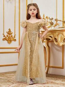 ALISA&LEO Sparkly Wide Strap Mermaid Flower Girl Dress With Bow Accents & Sequin Embroidery For Wedding Ceremonies, Formal Galas, Evening Receptions, Birthday Celebrations, Awards Nights