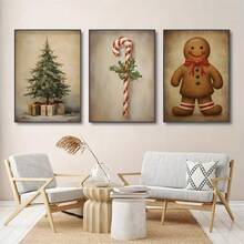 Impressions artistiques sur canevas de Noël vintage - Lot de 3, Bonhomme en pain d'épices rétro, Arbre de Noël festif et décoration murale de canne en bonbon pour le salon - Peintures sur canevas en orientation portrait sans cadre sur d'autres sujets