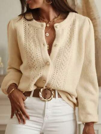 Plus Size Women Elegant Beige Hollow Button Cardigan, Lightweight Versatile Solid Color Knit Fabric Cardigan, Suitable For Vacation And Casual Wear, Essential For Autumn/Winter, Casual Top