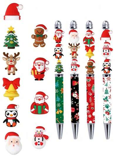8pcs Christmas DIY Beaded Pen Set, Including 3D Santa Claus Silicone Beads And Black Ink, Can Be Used For Decorating Christmas Trees And Making Holiday Ornaments, Suitable As Christmas Party Gifts, And Also For Office And School Decoration To Enhance The Holiday Atmosphere