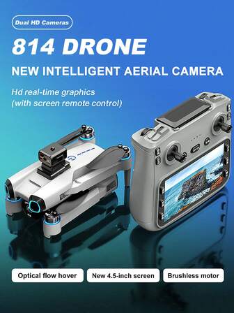 La nueva versión 814 con control de pantalla es un dron de fotografía aérea disponible en negro y gris claro. Está equipado con una pantalla de visualización en tiempo real de 4.5 pulgadas, un control remoto, un motor sin escobillas resistente al viento, suspensión de flujo óptico y funciones de evitación inteligente de obstáculos, lo que facilita que los principiantes comiencen rápidamente.