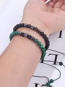 1 pieza Pulsera ajustable con cuentas de malaquita de 6 mm, pulsera de hematita y ónix mate, estilo bohemio, joyería de alma, regalo unisex para amigos y parejas