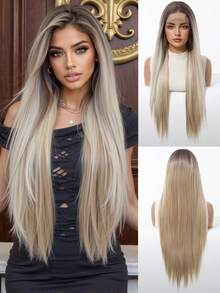 13*4 High Density Lace Front Wig, 150% Density, Premium Quality Comfortable Women Wig, Ombre Blonde, 30 Inch Medium Straight Hair, Made Of Heat Resistant Synthetic Fiber, Suitable For Vacation, Family Gathering, Cosplay And Daily Wear - Blonde Ombre - View 13