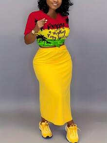 V-Neck Letter Print Short-Sleeved T-Shirt + Side Slit Solid Color Long Skirt Suit, Plus Size Skirt Suit, Comfortable And Stretchy Fabric, Suitable For Daily Leisure Commuting - 紅色 - 查看 2