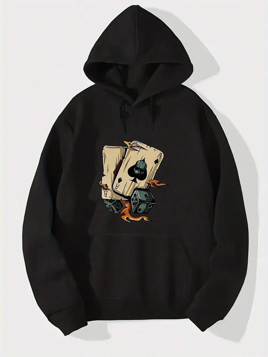 Men's Casual Skull Ace Dice Flames Printed Hoodie - Black, Loose Fit, Adjustable Drawstring Hood, Machine Washable, Long Sleeve With Front Pocket, Perfect For Outdoor & Everyday Comfort, Fall/Winter Season Pullover - 黑色16 - 查看 1