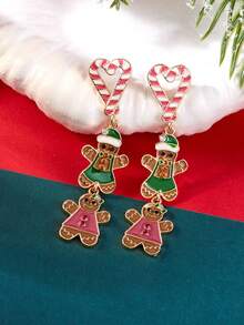 1 Pair Christmas Cute Gingerbread Heart Stud Earrings For Girls Cartoon Xmas Tree Cane Hairball Tassel Earring Festival Jewelry