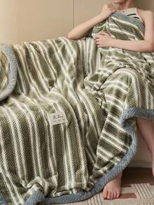 1 件条纹提花边天鹅绒毛绒保暖厚毯，柔软亲肤，多尺寸多用途，适用于办公室、客厅、卧室