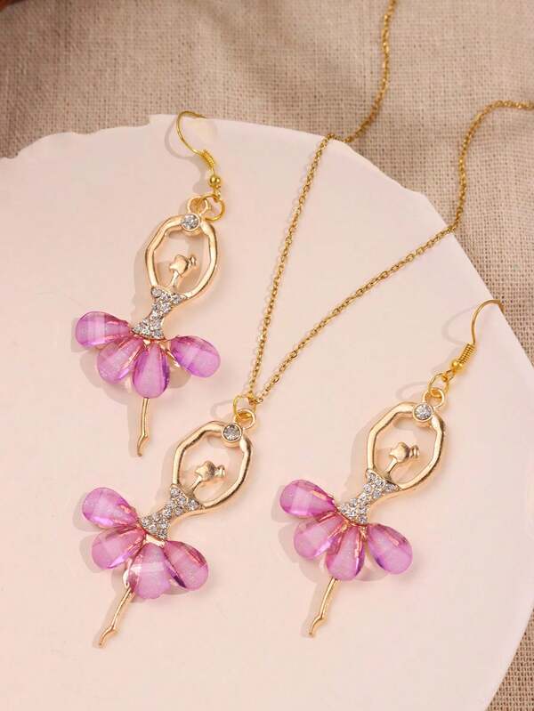 Conjunto de 3 peças de colar e brincos, design exclusivo e personalizado de luxo, colar e brincos fofos de bailarina de cristal rosa, adequados para uso diário, festivais e festas