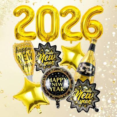 11 件/套 2026 新年派对气球装饰套装，包括金色“2026”数字气球、黑色和金色叶子气球、金色星星气球、新年香槟酒瓶、香槟杯、新年快乐圆形气球，适用于 2026 新年庆祝派对、黑色和金色主题派对装饰、2026 新年氛围摄影道具、鸡尾酒会、生日派对、婚礼、周年纪念