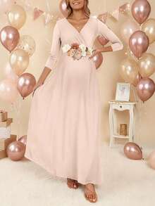 Beautiful Colorblock Plain Plants Pattern Maternity Dress Featuring Half Sleeve And Wrap Details Perfect For Baby Shower - Màu Khaki - Xem 4