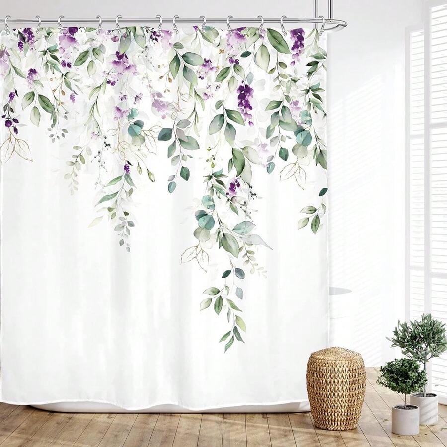 Green Eucalyptus Shower Curtaines Watercolor Purple Floral Leaf Botanical Bathroom Plants Lilac Spring Summer Nature Bath Accessories Art Home Decor Fabric Pack Hooks - 彩色 - 查看 1