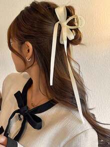 1pc Women's Solid Color Double Layer Bow Hair Claw Clip With Ribbon Streamers, Suitable For Daily Use Elegant Valentine's Day Valentines Summer Hair Clips Hair Jaw Clip Hair Clamps Hair Clutch Hair Catcher Clip, Bow Accessories, School Stuff, College Fall Winter Hair Accessories For Women For Vacation Outfits Woman Valentines Gift - Màu be - Xem 3