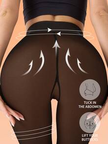 Women's High-Waist Fake Sheer Fleece-Lined Tight Leggings - Non-See-Through, Stretchy Comfortable, Tummy-Control & Butt-Lifting, Warm For Cold Weather Layering, Durable - Chocolate - View 2