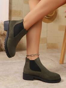 Women's Solid Color Round Toe Casual Fashion Slip-On Chelsea Ankle Boots - Army Green - View 5