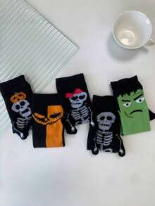 1/5 双万圣节南瓜骷髅手牵手创意趣味可爱袜子 - 彩色 - 查看 9