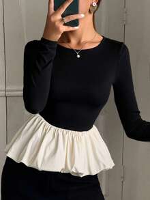 Livesso Tricou damă cu mânecă lungă și guler rotund, blocuri de culoare, volane, haine de toamnă - Alb-negru - Vizualizare 5