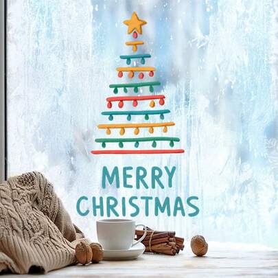 1 pieza Decoración de ventana de Navidad con estrella de árbol de Navidad simple, calcomanía de PVC autoadhesiva con texto "Feliz Navidad" adecuada para dormitorio, sala de estar, baño, escaparate, celebración de vacaciones, regalo, decoración de fiesta, idea de regalo estacional, diseño minimalista, material de PVC, arte decorativo de ventana, para regaladores y compradores de vacaciones