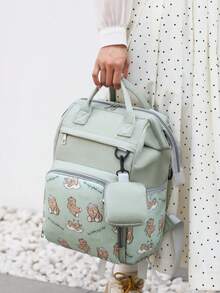 1 pieza Mochila pañalera con estampado, bolso de maternidad de gran capacidad, bolso de mamá de moda y portátil, se puede colgar en el cochecito - Verde - Ver 4