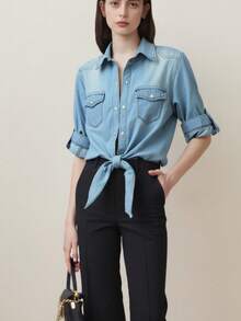Women's Roll Up 3/4 Sleeve Tie Front Knot Shirt Chambray Denim Crop Top