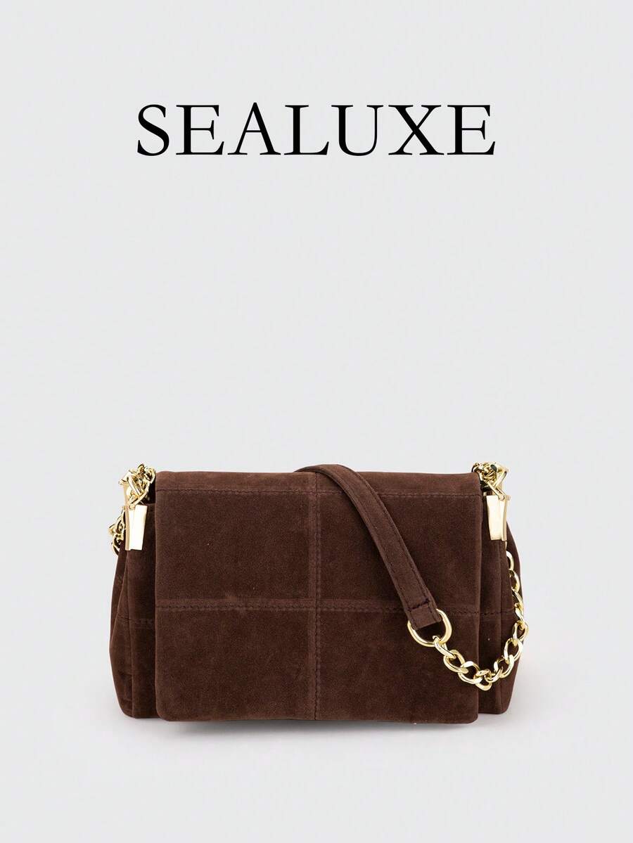 Vintage Quilted Coffee Brown Suede Square Bag, Modern Minimalist Luxury Style Women's Shoulder Bag, Decorated With Embroidery Thread And Metal Chain, Zipper Closure, Suitable For Daily Shopping And Casual Wear, Compact And Portable.