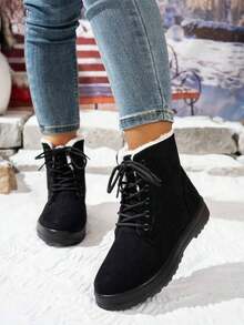 New Winter Style Women's Fashion Boots, Ankle Boots, PU Sole, Thick Sole, Non-Slip, Waterproof, Warm, Comfortable And Versatile, Multi-Functional Warm Lining Thick-Soled Women's Short Boots, Valentine's Day Style Gentle Flat Shoes, Soft-Soled Shoes, FuzzyChicVersatile Style For Dates, Commuting, And Everyday Work.Black  Snow Boots With A Vacation Atmosphere Feel - 黑色 - 查看 2