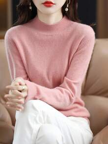 Sweater Wanita 100% Wol Merino, Lembut & Hangat, Pullover Kerah Tinggi, Musim Gugur/Musim Dingin, Desain Satu Potong Tanpa Jahitan - Berwarna merah muda - View 8