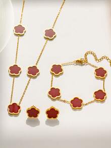 4pcs/Set Stainless Steel Fashionable Clover Flower Stud Earrings, Bracelet, Necklace Set For Women (Clover Welding Position Random)