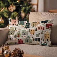 1pc Christmas Town Snowy Landscape Cushion Cover, Single-Sided Printed Soft Peach Velvet Material, 30*50cm/40*60cm Pillow Case Suitable For Indoor Decor, Party Decor, Decorative Pillow Cover Gift
