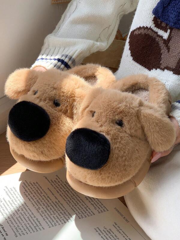 1 Pair Cute Cartoon Puppy Plush Slippers, Flat Indoor Slippers Suitable For Winter, For Boys & Girls