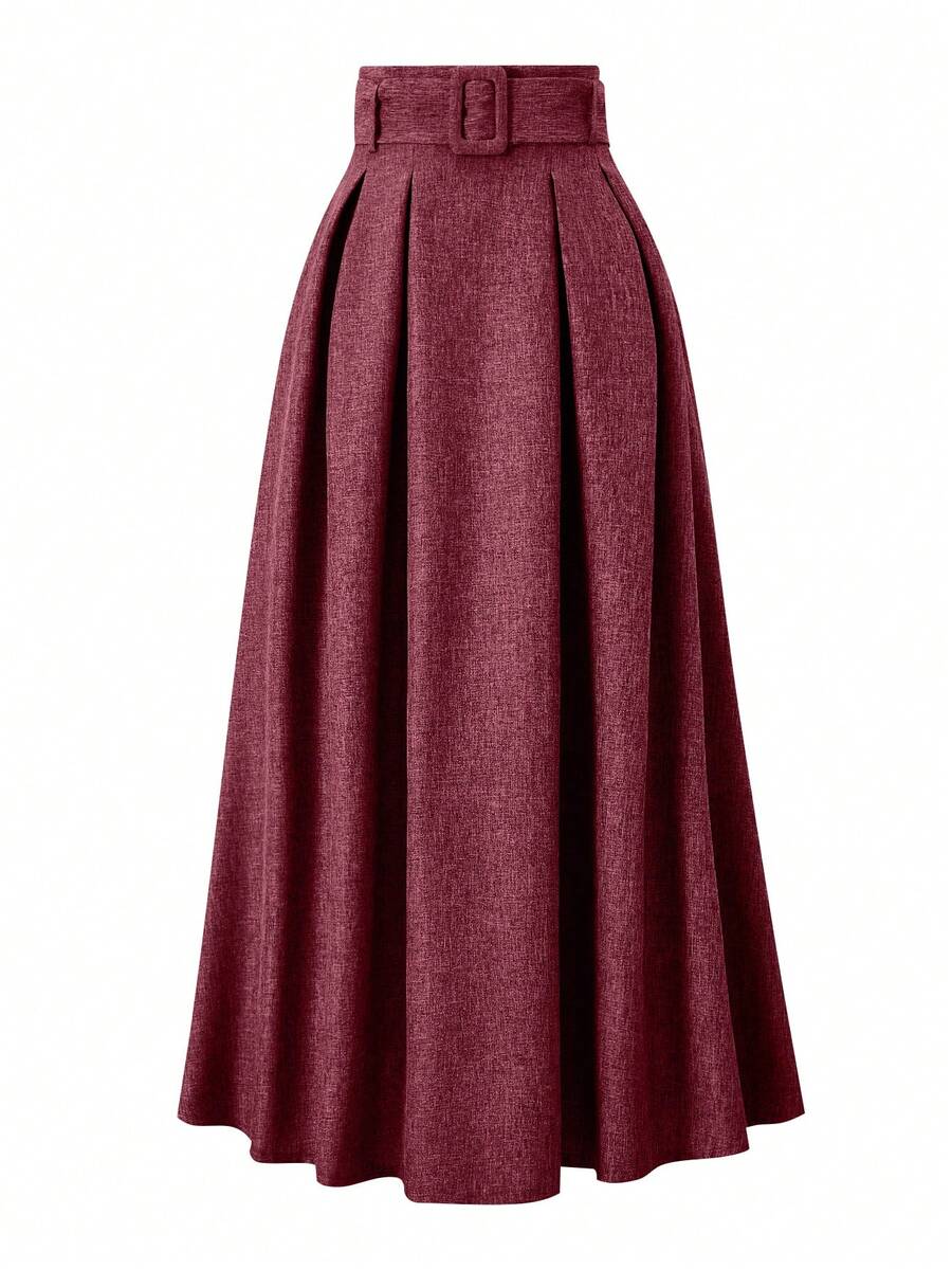 EARO Women's High Waist Slimming Gray Versatile Elegant Loose Daily Commute Casual Design Elastic Waist Adjustable Belt A-Line Skirt Spring Red - Red - View 1