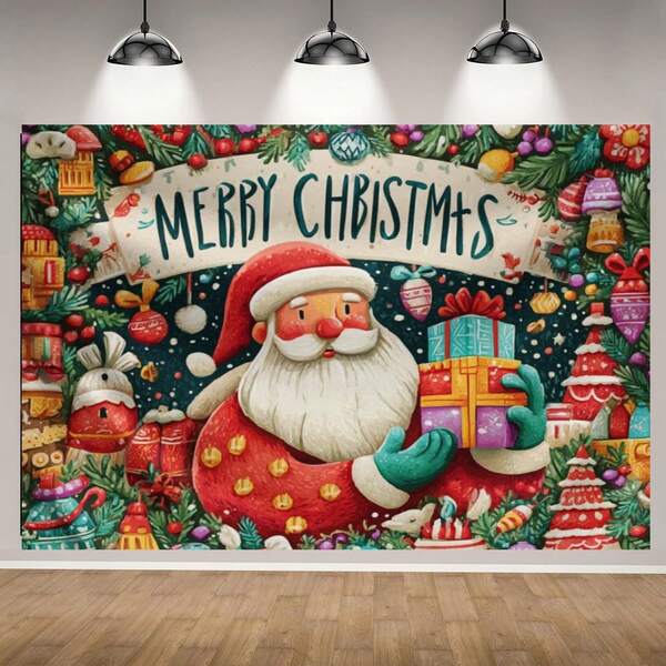 لافتة عيد الميلاد الأبعاد، مع بابا نويل والهدايا والبالونات - ديكور داخلي/خارجي مطبوع ثنائي الأبعاد، نجوم وثلوج - سهل التعليق باستخدام شرائط لاصقة، خلفية عطلات متينة مقاومة للطقس، مناسبة لعيد الميلاد والعام الجديد والأعياد والزفاف - ديكور حفلة العطلات.