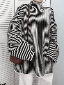 Plus Size Turtleneck Long Sleeve Sweater, Autumn/Winter - Black and White - View 7