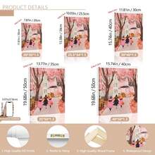 1 pieza Pintura de pared de bruja rosa de Halloween, Pintura de tres niñas pidiendo dulces, arte de pared raro y lindo, imprimible de otoño para habitación de niñas (Marco opcional)