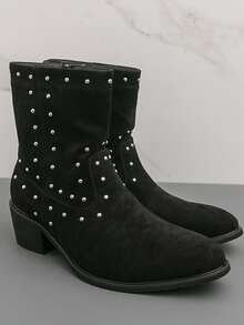 Versatile Korean Style British Retro Solid Color Western PU Leather Metal Eyelet Rivet Embellished Chelsea Boots, Suitable For Holidays And All Seasons - Black - View 11