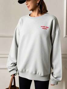 Livesso Damen Loose Fit Pullover mit Buchstickerei, Rundhalsausschnitt, Fleece, Langarm Oberteil, Herbstmode für Frauen - Grau - Übersicht 3