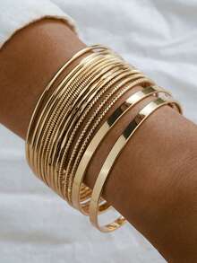 25pcs Exaggerated Fashion Geometric Round Disc Wide Bangle Set, Textured Pattern Multilayer Bracelet Suit, Suitable For Women Daily Wear, Dating, Party, Gift, Holiday - Yellow Gold - View 13
