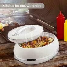 Elegante bandeja portadora ovalada grande con aislamiento ovalado tapa abierta con una sola mano 3.15 cuartos Calentador/enfriador de alimentos de lujo Tazón térmico para servir buffet/fiestas - Plateado - Ver 8
