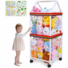 - Zoo de almacenamiento de animales de peluche con ruedas, 360 grados, organizador de almacenamiento de juguetes, jaula para animales de peluche con calcomanas para guardera, sala de - Blanco - Ver 2