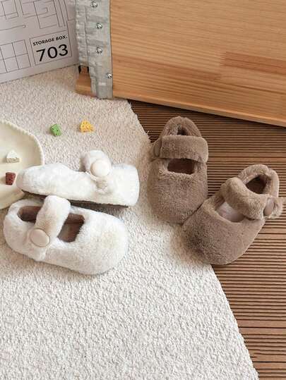 1 双女童软底防滑保暖内衬圆头钩环公主毛茸茸鞋，舒适百搭保暖鞋，适合秋冬季