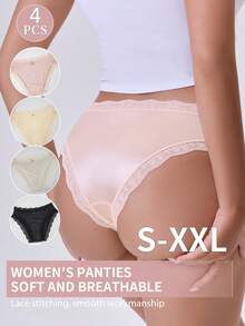 4pcs Women's Underwear, 2025 New Breathable Soft Cotton Panties, Solid Color Mid-Rise Ladies Briefs, Lace Patchwork Sexy Smooth Sports Underwear, Simple Women's Lingerie