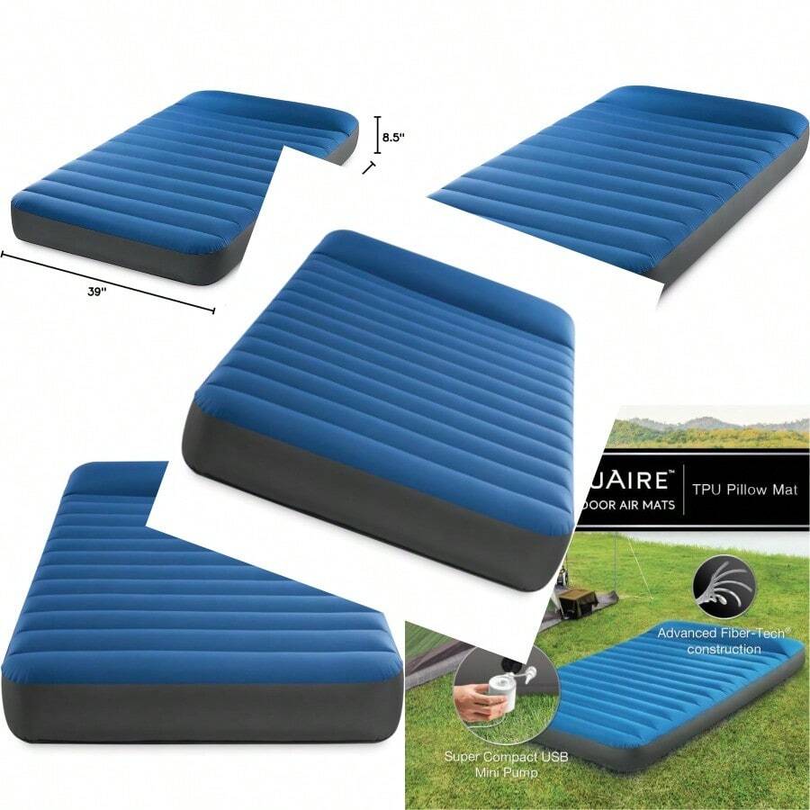 Intex 60411E TruAire Luxury Camping Mattr: FiberTech PunctureResistant Laminate QuickFill USB Air Pump 300lb Weight Capacity Twin Size Blue