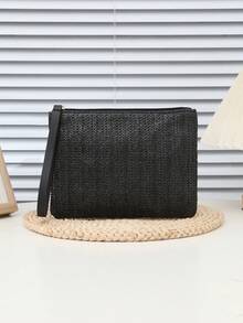 1 件草编手拿包，黑色条纹编织女士手拿包钱包、手提包、零钱包、钥匙包