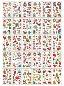 (30 szt./zestaw) Kolorowe tymczasowe tatuaże świąteczne z motywem Świętego Mikołaja, płatków śniegu, prezentów, lalek, choinek, balonów, pończoch, sań i innych, wodoodporne i półtrwałe, odpowiednie na palce, ramiona, za uszy, kostki, obojczyki, twarz i inne obszary, idealne jako prezenty świąteczne dla przyjaciół - Wielokolorowe - Zobacz 8