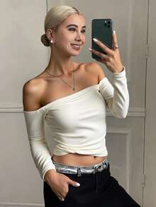 Livesso Women's Casual Off The Shoulder Thick Thermal Lined T-Shirt For Autumn And Winter Long Sleeve Women Tops,Fleece Lined - White - View 1