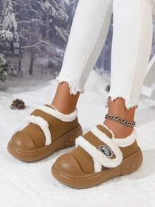 2 Chinelos Térmicos com Sola Grossa de 25cm para Mulheres, Botas de Neve de Moda Outono/Inverno 2020 para Uso Externo, Forro Peludo, Fechamento com , Sapatos de Inverno Quentes