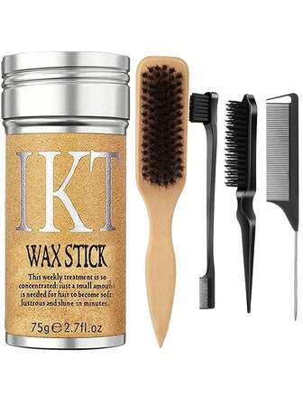 ikt Barra de cera para el cabello con set de 4 peines - Kit de peinado para cabello liso y sedoso, control de bordes y cuidado del frizz, incluye cepillo de madera, cepillo de doble cabezal para bordes, peine de dientes finos y peine de cola de rata, ideal para uso diario y salón